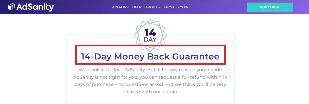 Adsanityplugin money back guarantee offer